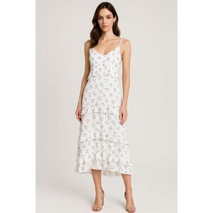 Row A white Blue Floral Tiered Ruffle Dress Summer XS V Neck Midi Length Women's